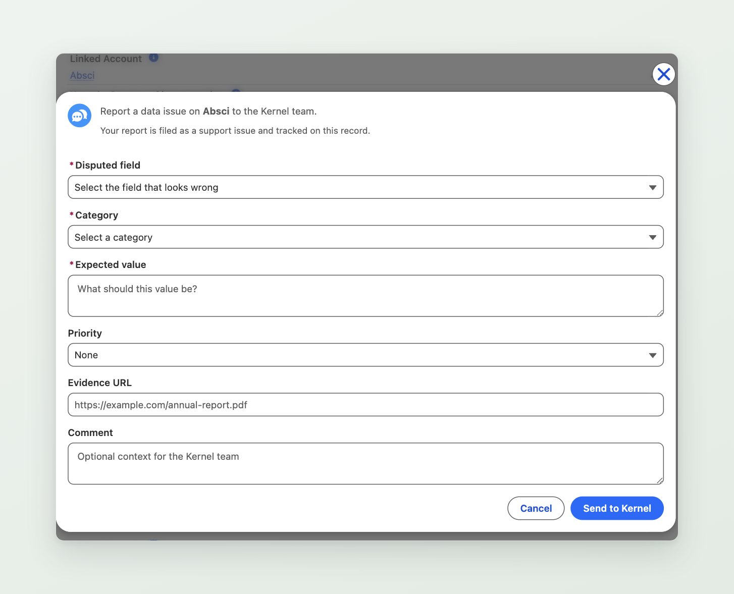 The Send Kernel Feedback form in Salesforce, with fields for the disputed field, category, expected value, priority, evidence URL, and comment.