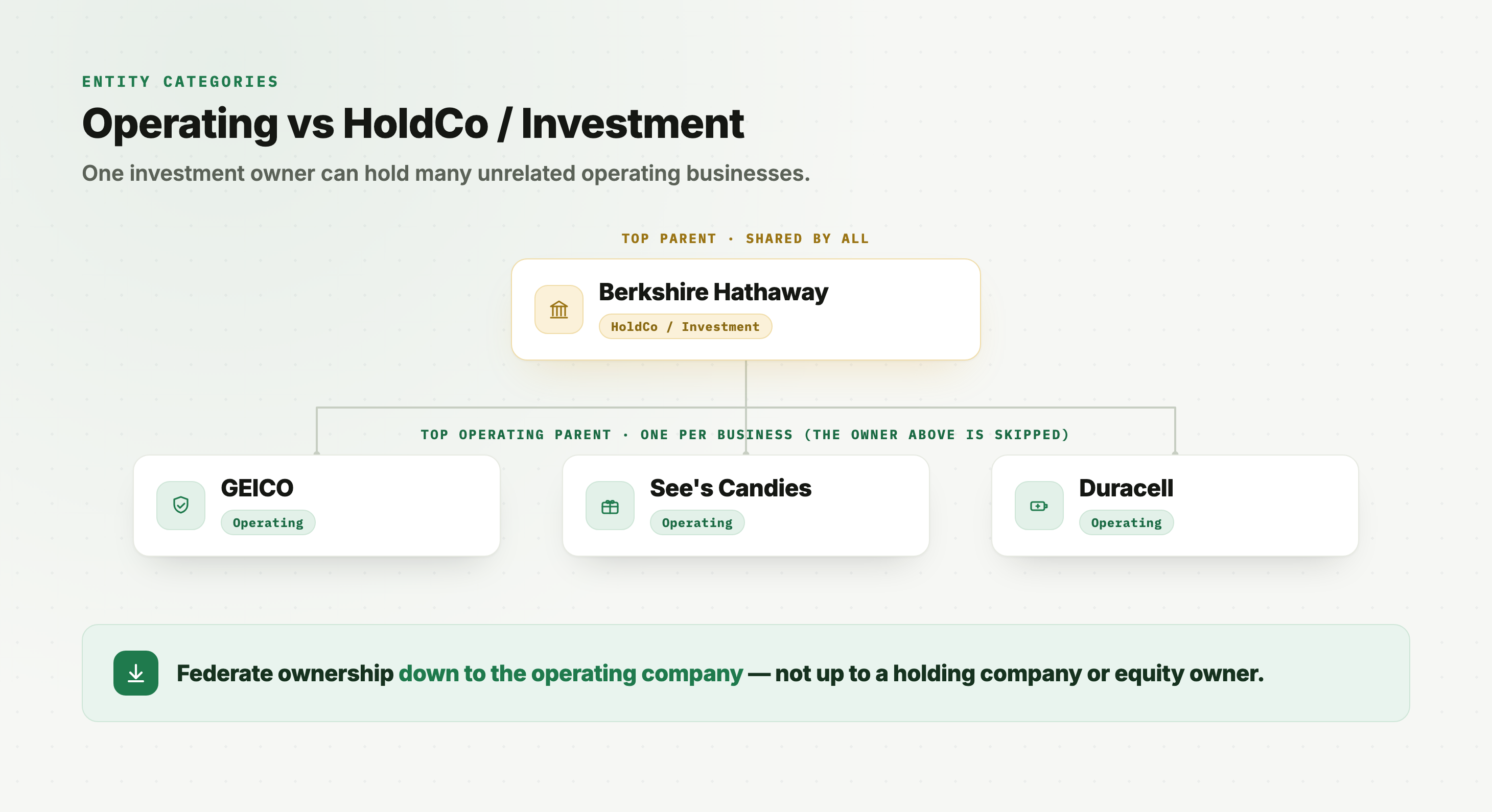 Berkshire Hathaway, a HoldCo / Investment owner, sits above three unrelated operating businesses - GEICO, See's Candies, and Duracell. Berkshire is the top parent for all three, but each operating company is its own top operating parent because the investment owner is skipped.