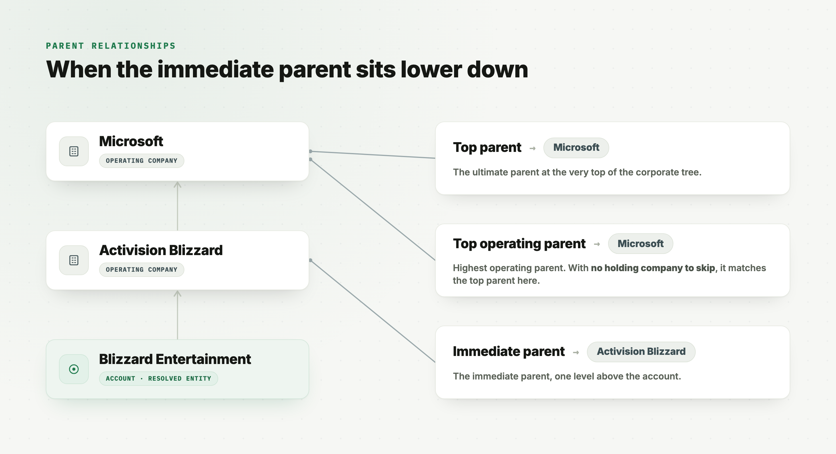 Corporate tree for Blizzard Entertainment: the immediate parent resolves to Activision Blizzard, while the top operating parent and top parent both resolve to Microsoft